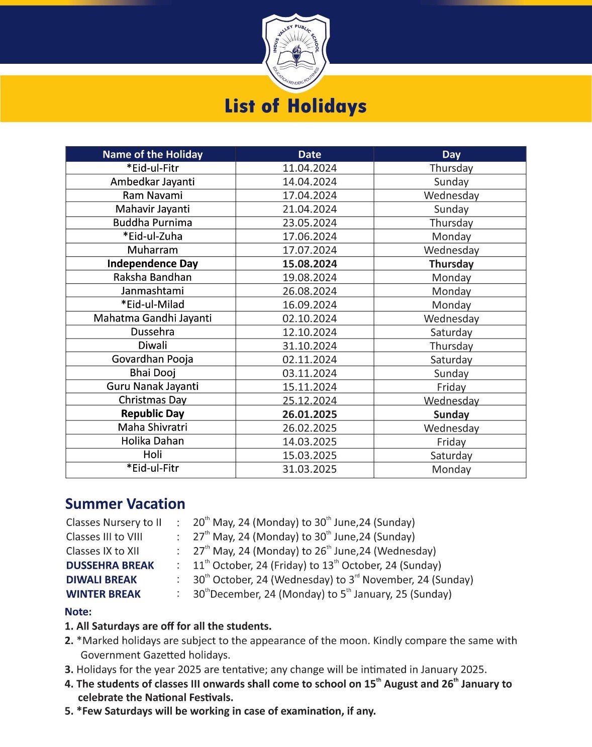 List of Holiday